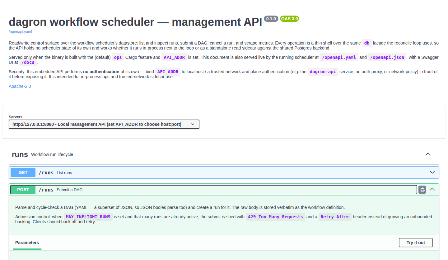 The dagron engine's built-in Swagger UI at /docs, showing the management API title, the servers selector, the runs tag group, and an expanded POST /runs operation with its description and Try it out button